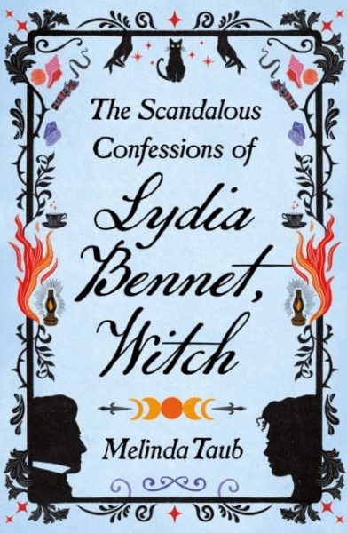 Boken The scandalous confessions of Lydia Bennet, Witch. Blått cover med svarte detaljer, silhuett av to hoder. 