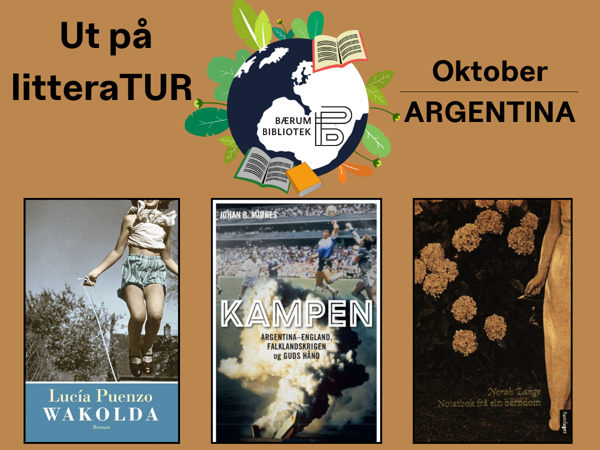 Forside til leseutfordring for oktober måned: Argentina. Tre bokomslag og en logo