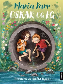 Bokomslag: Tegnign av en jente og en gutt som gjemmer seg i et rør, med tittelen "Oskar og eg" skrevet over dem.